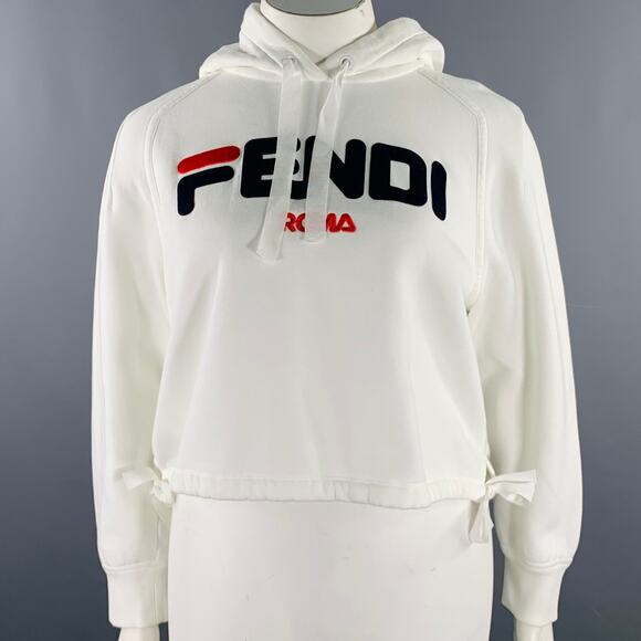 FENDI x FILA 2018 Size L White Black Red Cotton Logo Hoodie Casual Top - Picture 1 of 11